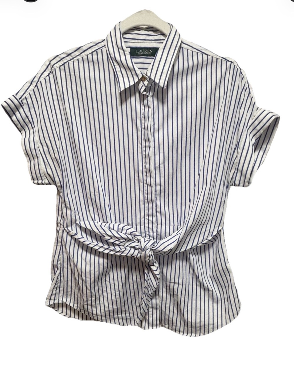 Lauren Ralph Lauren White and Navy Stripe Tie-Front Button-Down Shirt